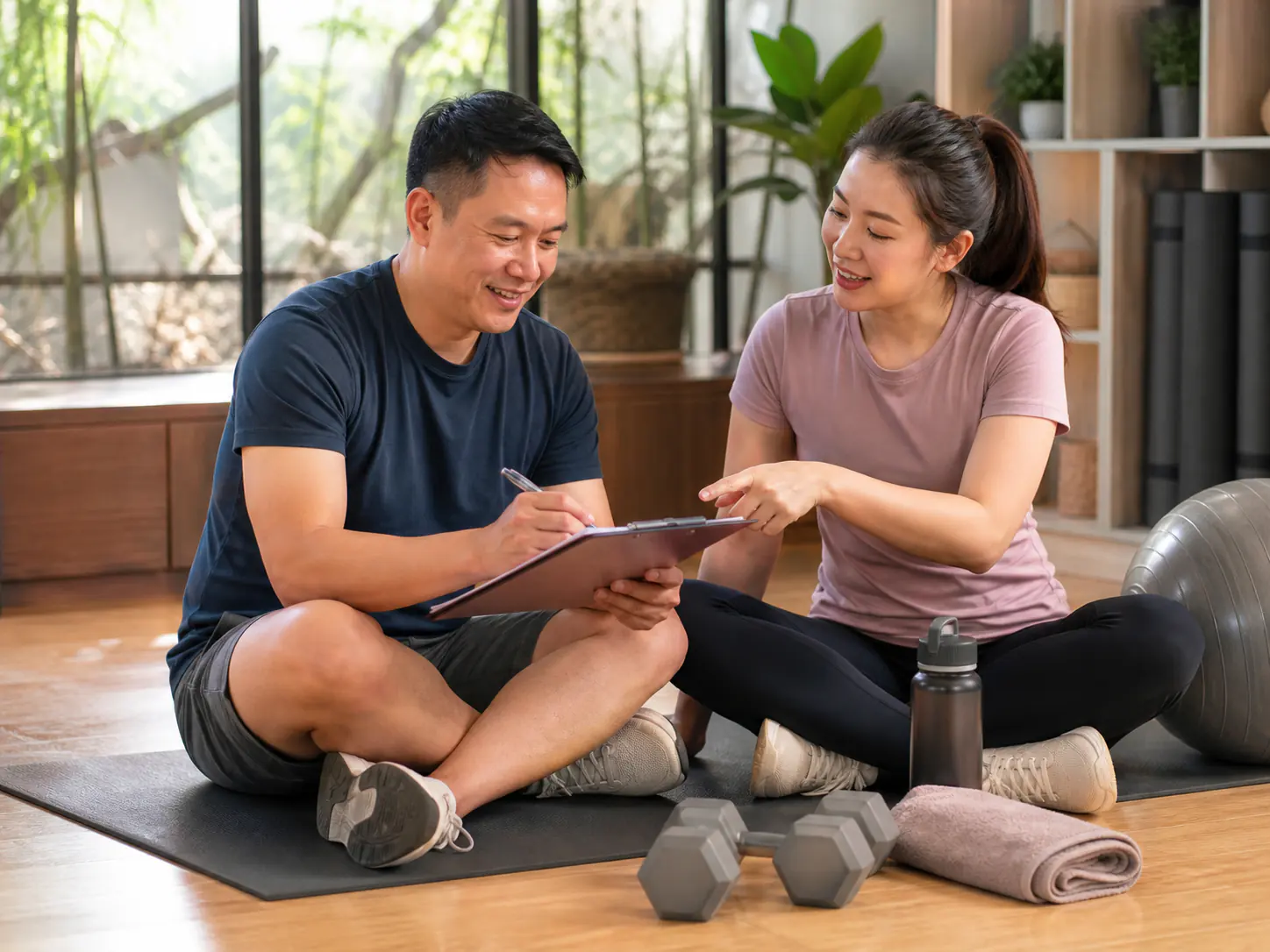 A trainer coaching a controlled kettlebell squat in a private studio