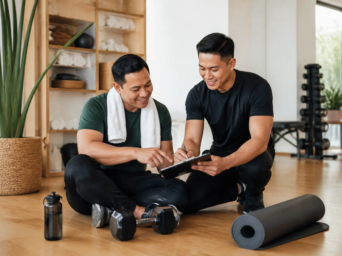 Jurulatih membimbing squat kettlebell terkawal di studio peribadi
