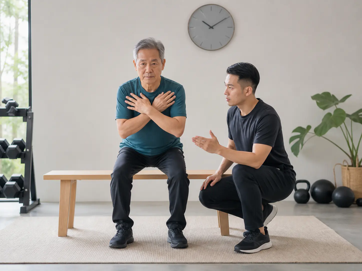 A trainer observing a sit-to-stand fitness assessment