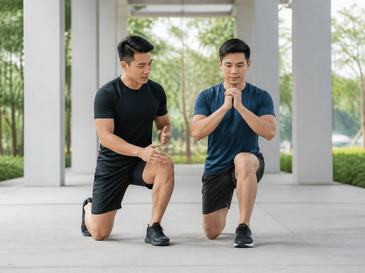A trainer demonstrating controlled split-squat technique