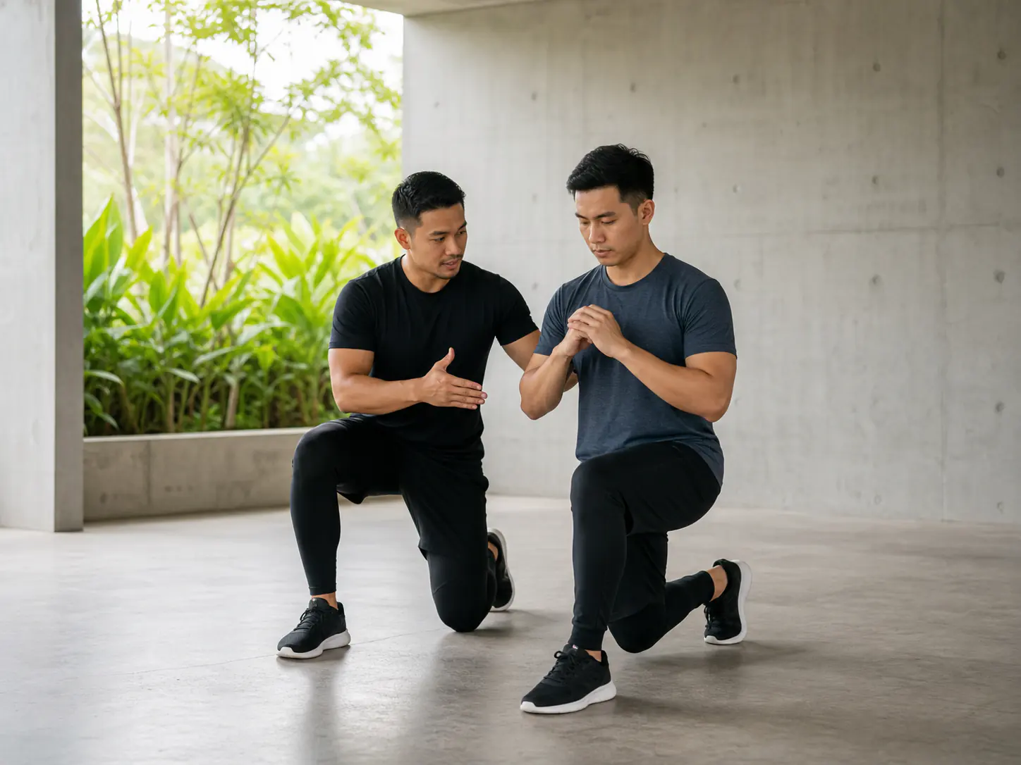 Jurulatih menunjukkan teknik split squat terkawal