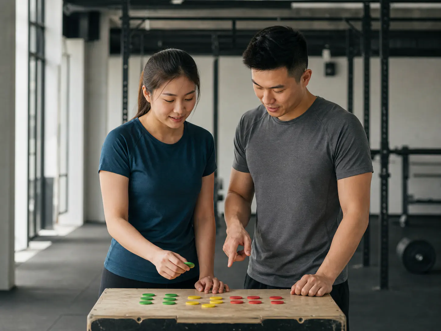 A trainer and client reviewing progress toward a fitness goal