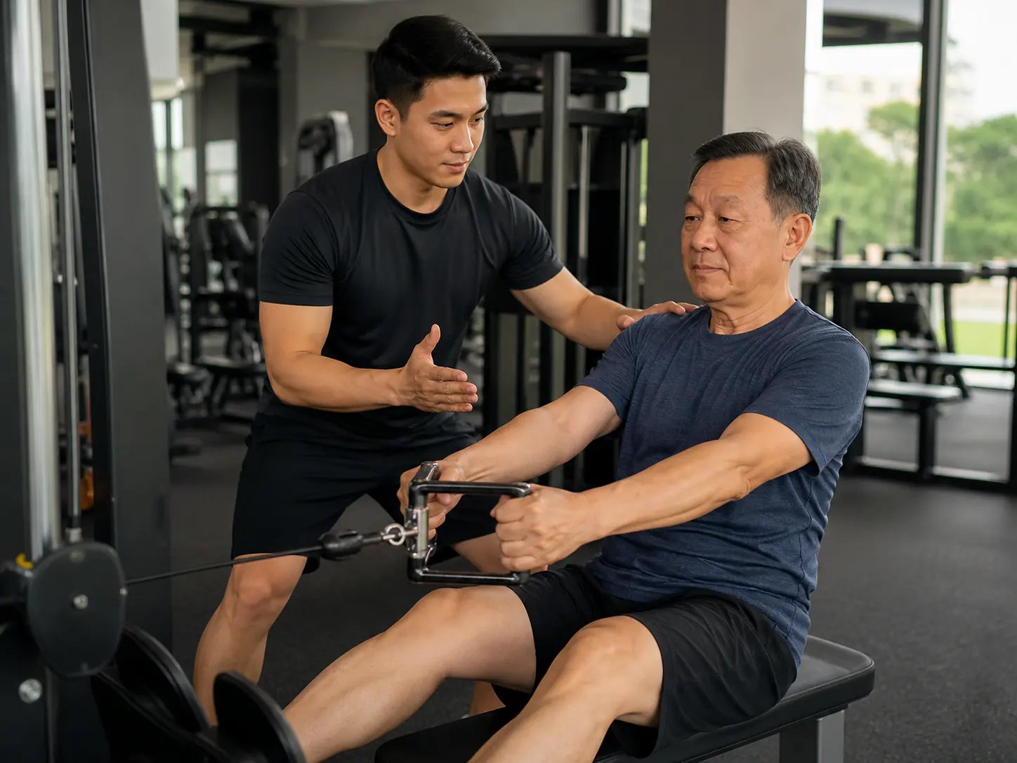 An older adult completing a supervised cable-row exercise