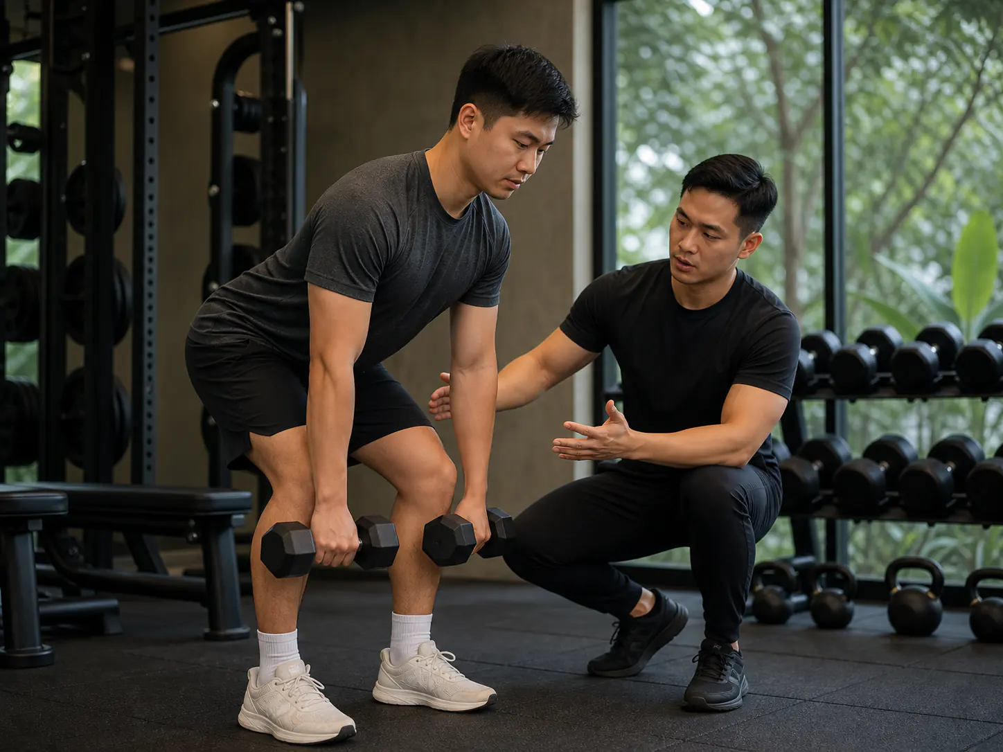 One-to-one coaching for a dumbbell hip-hinge exercise