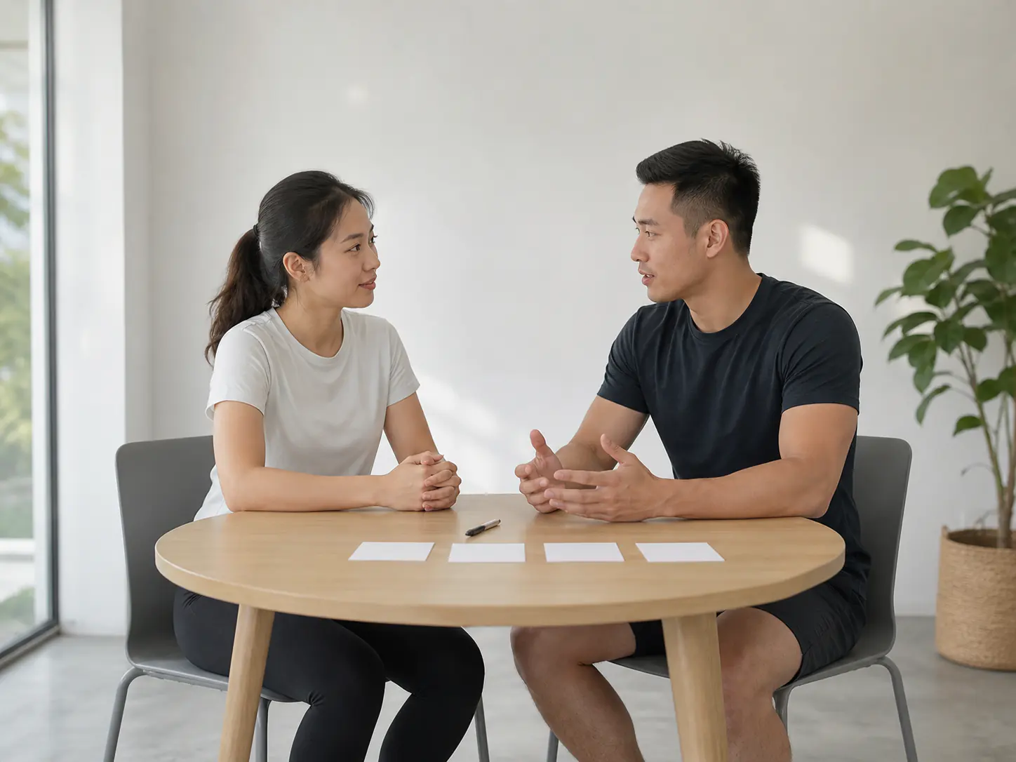 A trainer discussing programme options with a prospective client