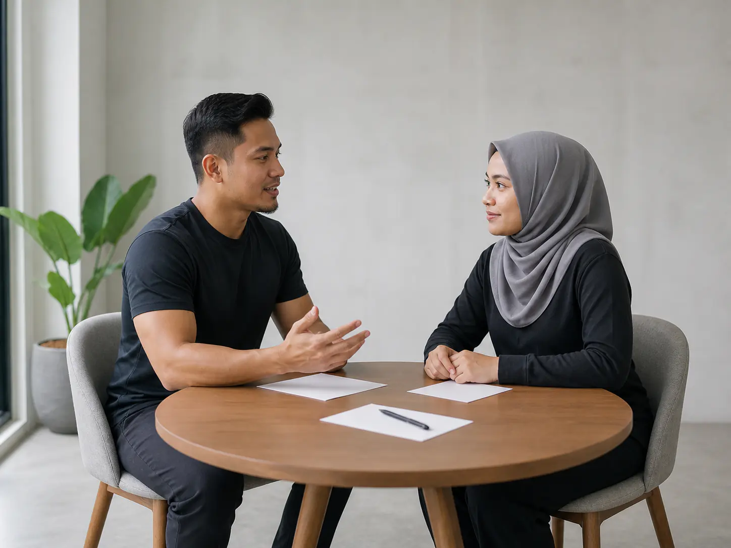 Jurulatih membincangkan pilihan program dengan bakal klien