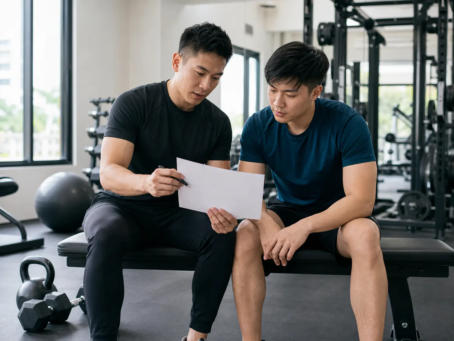 A trainer and client reviewing a structured training programme