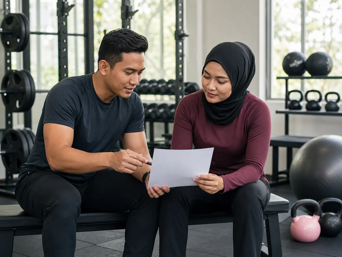 Jurulatih dan klien meneliti program latihan berstruktur
