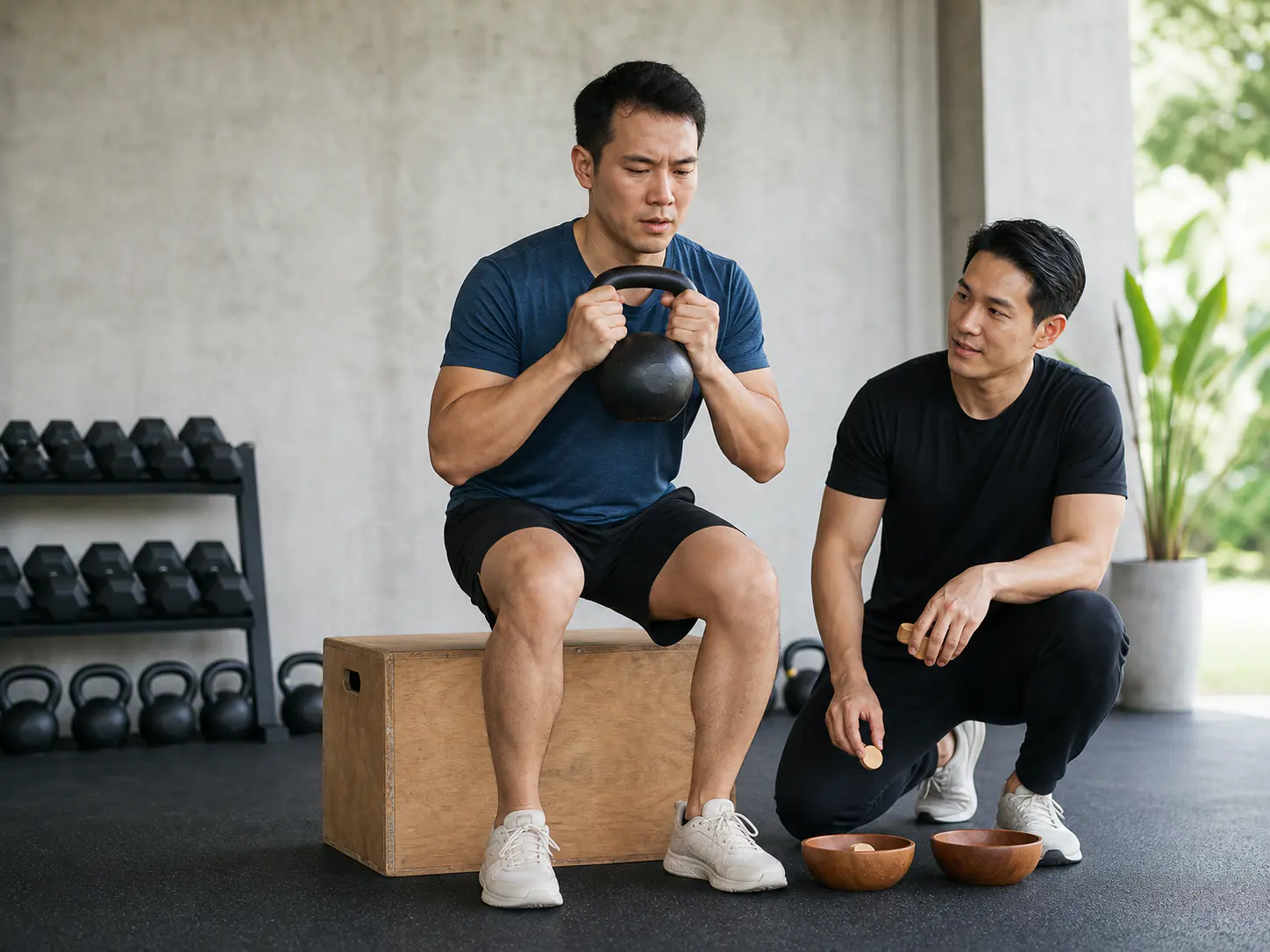 A trainer recording progress during a loaded sit-to-stand exercise