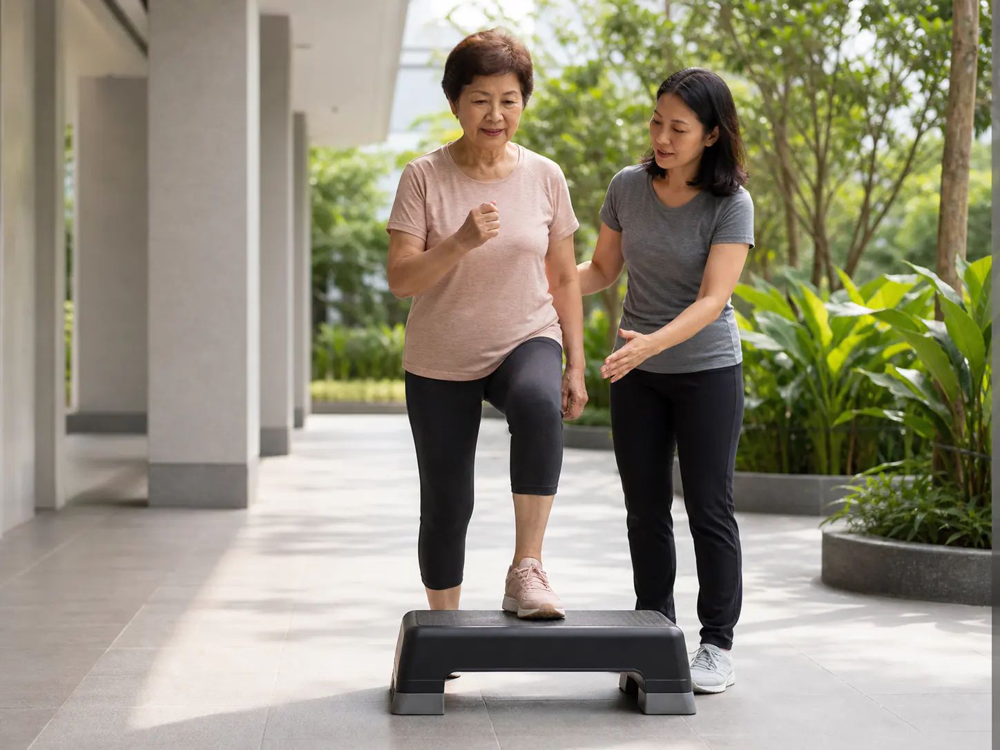 An older adult completing a supervised low step-up