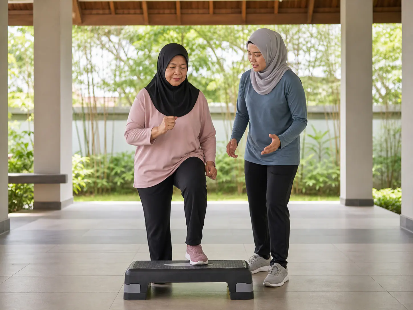 Orang dewasa lebih berusia melakukan step-up rendah dengan pengawasan