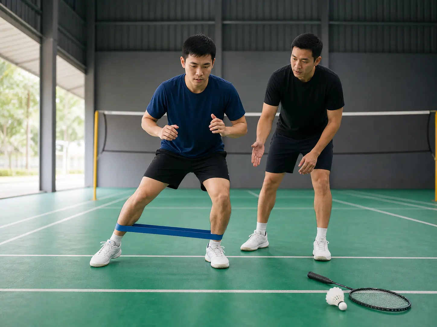 Badminton conditioning with a lateral resistance-band exercise