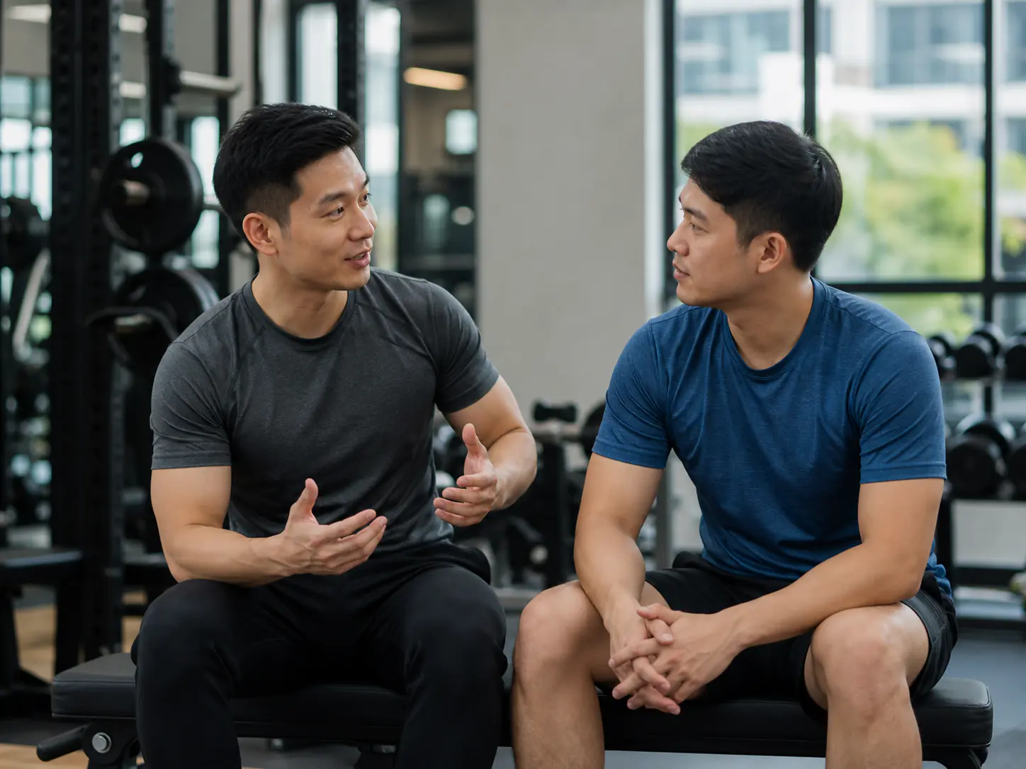 A trainer and client having a calm pre-session conversation