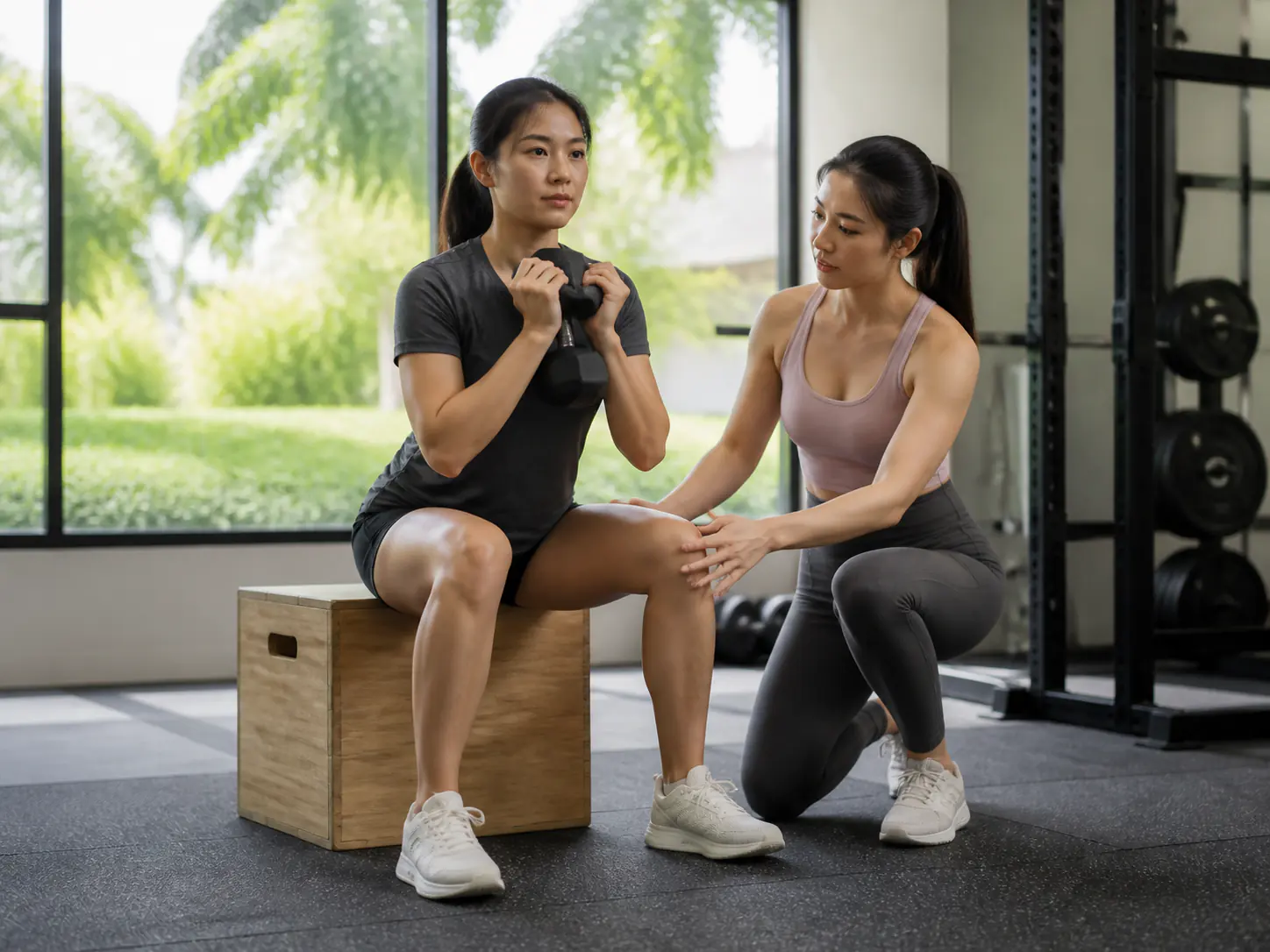A woman completing a coached dumbbell box squat
