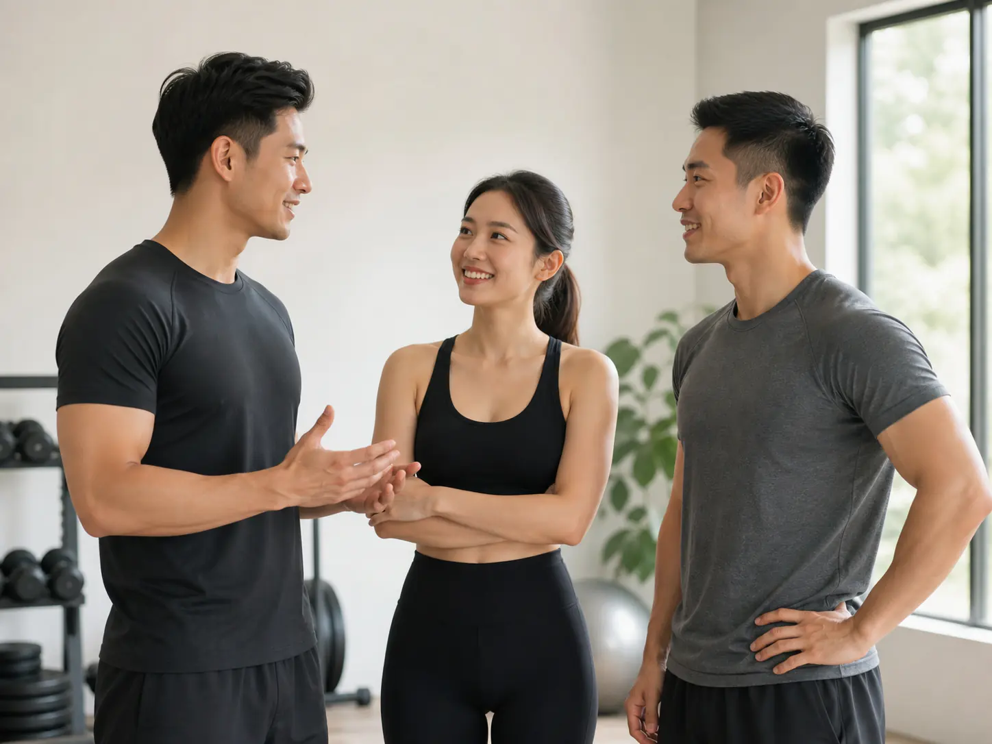 A representative Malaysian fitness team in conversation