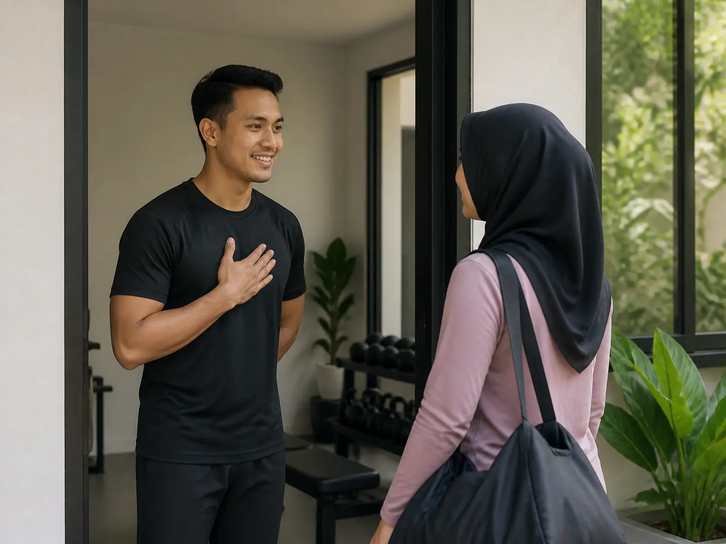 Jurulatih menyambut bakal klien untuk penilaian