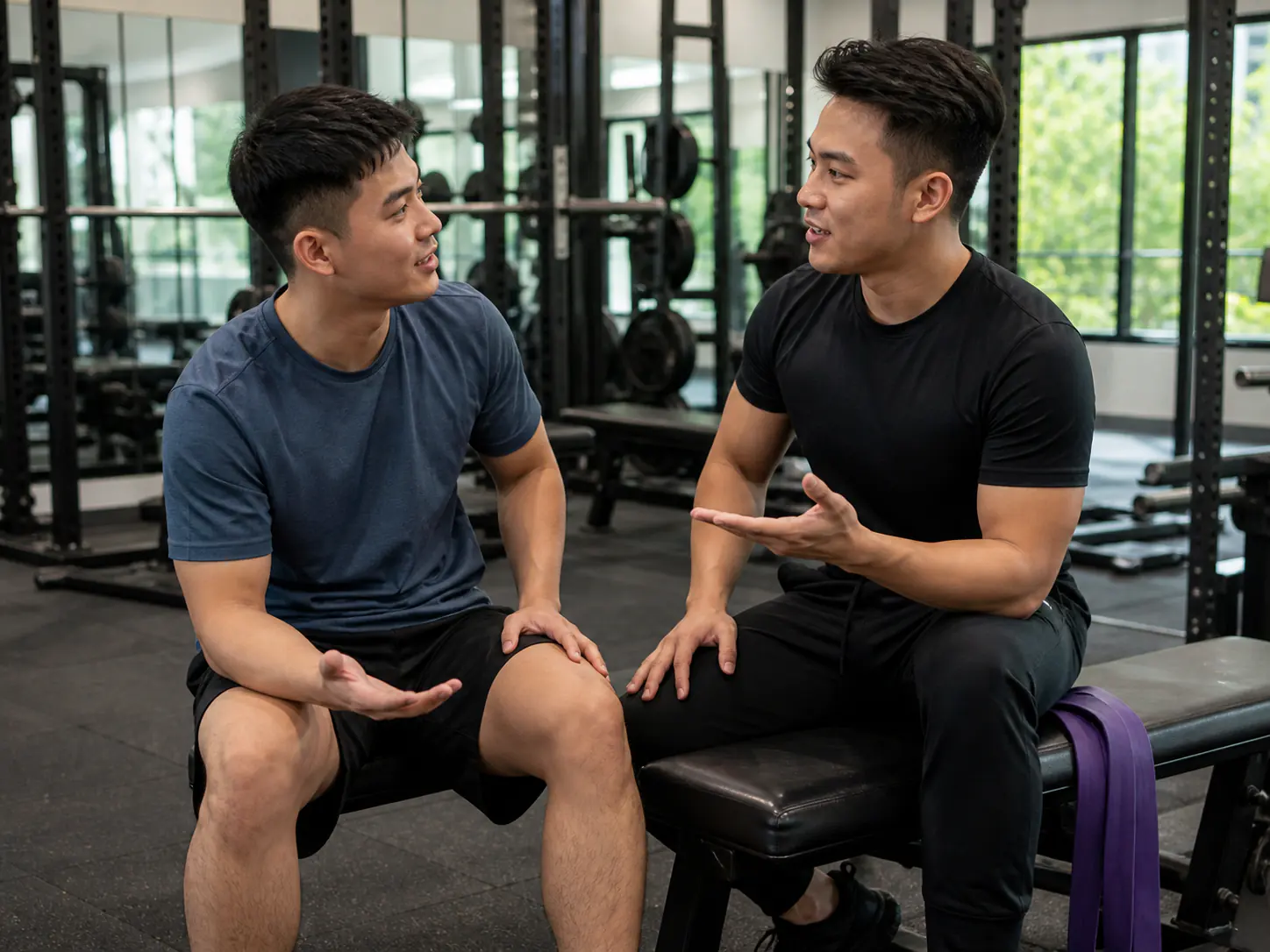 A trainer answering a client question between exercises