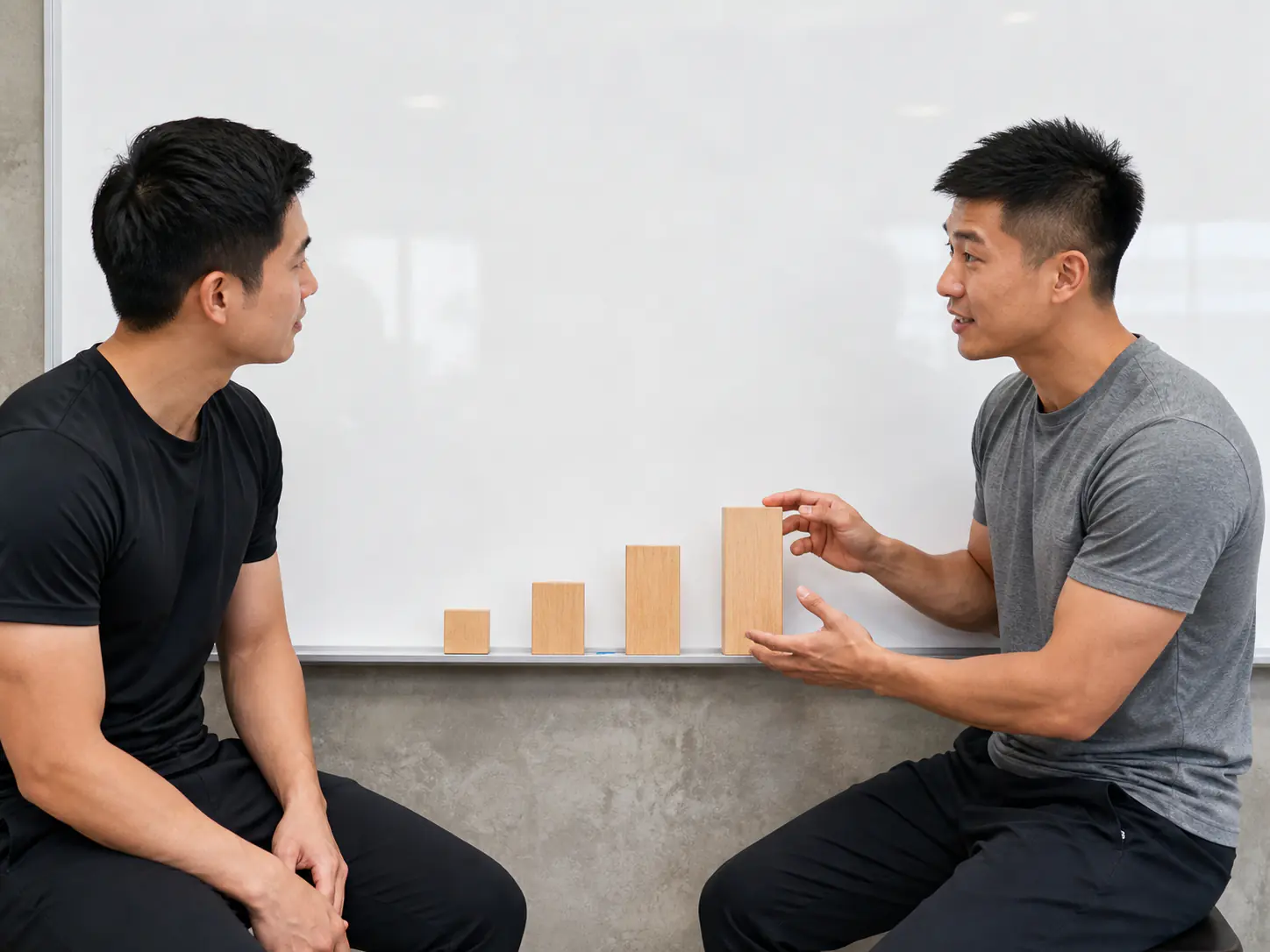 A trainer explaining simple training concepts on a blank board