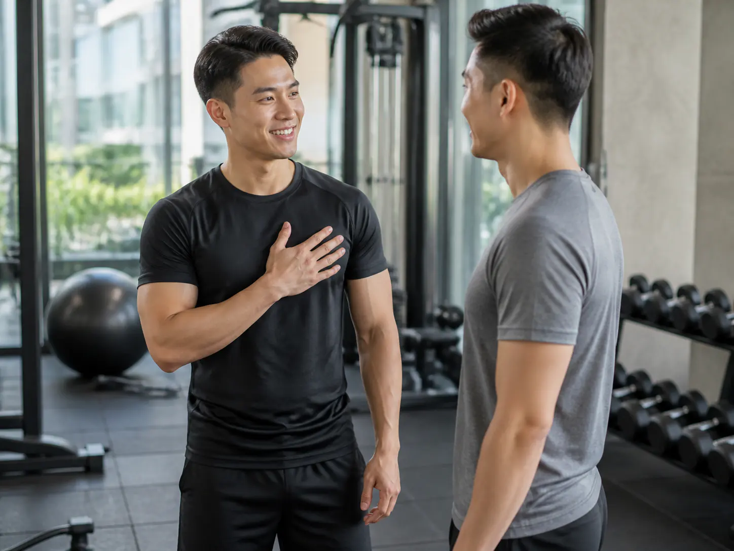 A mobile trainer greeting a resident in a Klang Valley condo gym