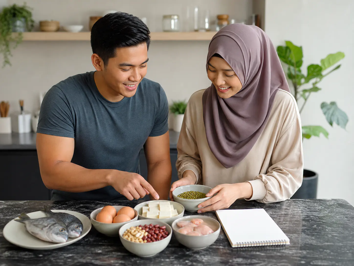 Merancang makanan protein harian dengan buku nota kosong